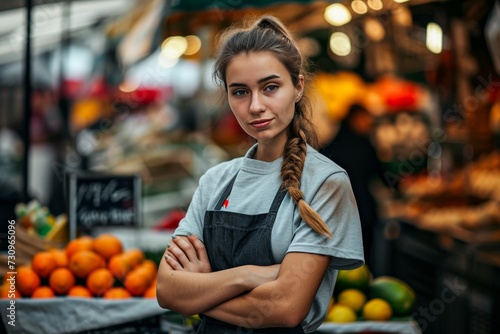 A confident woman stands with crossed arms in a vibrant market, surrounded by colorful fruits and vegetables, representing the intersection of local trade and healthy, whole foods in a bustling outdo photo