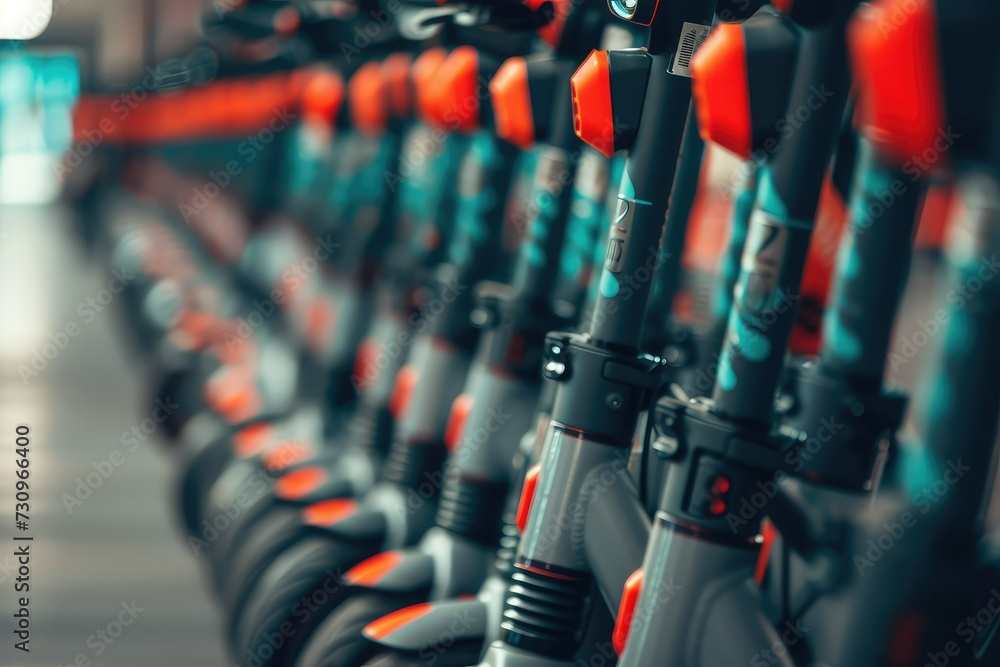 Eco-Friendly Commute: A Row of Electric Scooters Available for Rent. Eco-Friendly Commute: A Row of Electric Scooters Available for Rent.