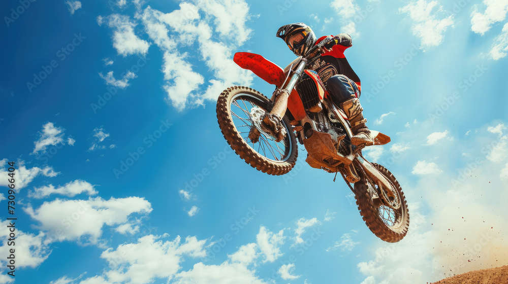 A motorcyclist will perform a stunt while jumping on a motorcycle. Motorcycle in the air. Motocross. A motorcyclist will perform a stunt while jumping on a motorcycle. Motorcycle in the air. Motocross.