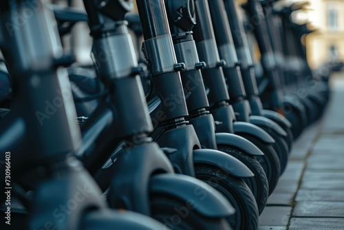 Eco-Friendly Commute: A Row of Electric Scooters Available for Rent.