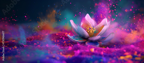 Beautiful pink lotus flower with colorful purple background - Happy Holi