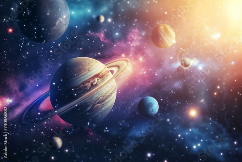 A Stellar View of the Vast Expanse  A Space Scene With Planets and Stars