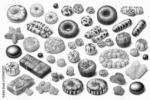 Sketch of donuts. Pastry sweets isolated on white background. Hand drawn illustration. Generative Ai