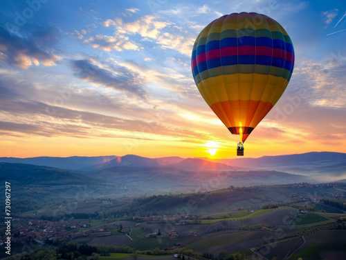 Hot air balloon flying over the valley at sunset. 3D rendering