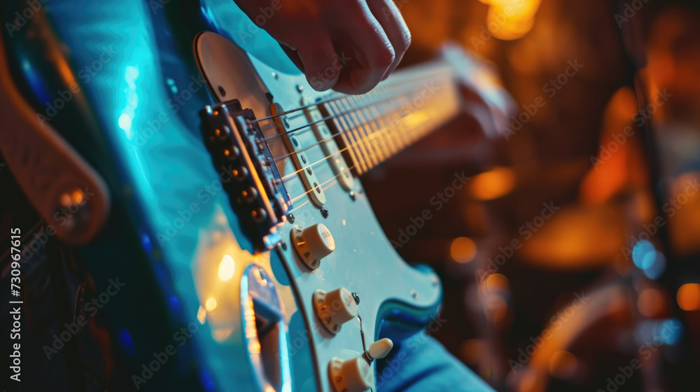 Naklejka premium A guitarist plays a beautiful blue guitar at a concert. Close-up.