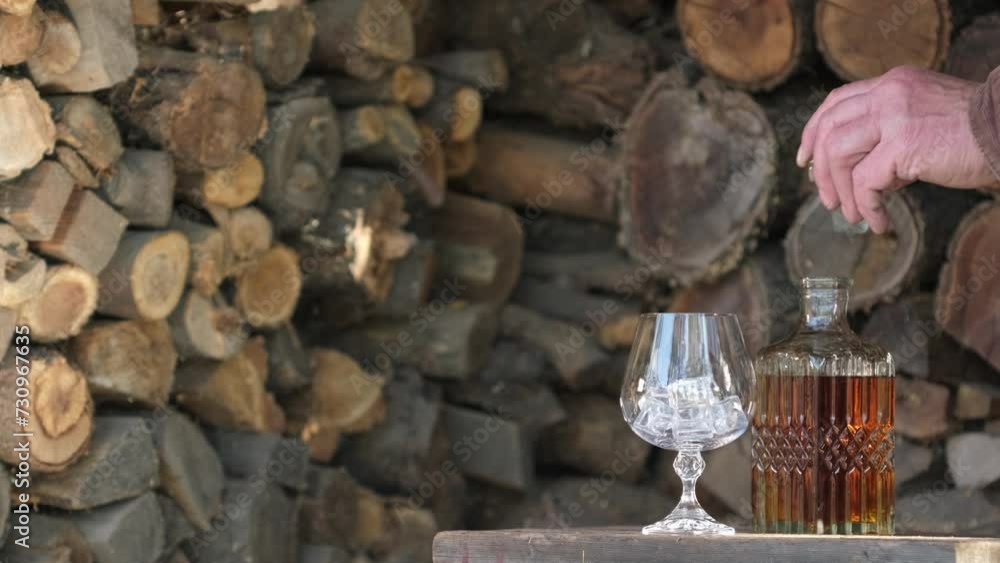 Cognac pouring in the glass from bottle. Hand puts a carafe with golden cognac and pouring into the glass, wooden table near logs. Strong drink - brandy or whiskey with ice. Alcohol amber drink Cognac pouring in the glass from bottle. Hand puts a carafe with golden cognac and pouring into the glass, wooden table near logs. Strong drink - brandy or whiskey with ice. Alcohol amber drink