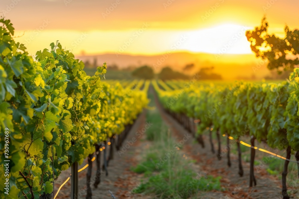 Ripened vineyard under golden sunset, rows of grapevines