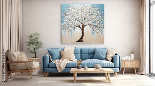 Blue, beige, and brown abstract tree art in acrylic, perfect for home décor.