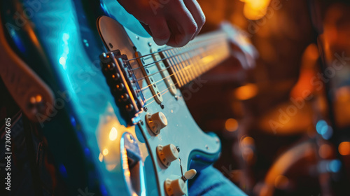 A guitarist plays a beautiful blue guitar at a concert. Close-up.