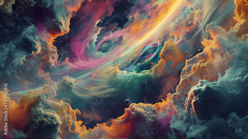Fantastical planet with swirling clouds and colors.
