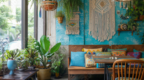 Cozy bohemian indoor garden. Tranquil urban jungle café interior. Relax lifestyle image.