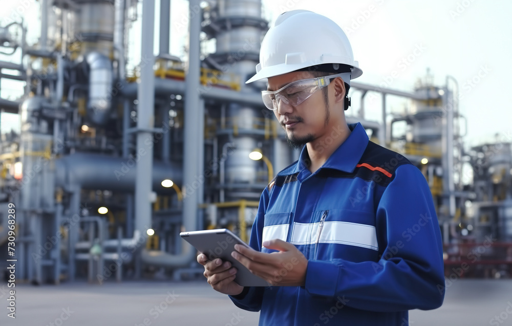 Asian male petrochemical engineer with a digital tablet inspecting quality control while standing in front of an oil and gas refinery plant in the industry factory. Asian male petrochemical engineer with a digital tablet inspecting quality control while standing in front of an oil and gas refinery plant in the industry factory.