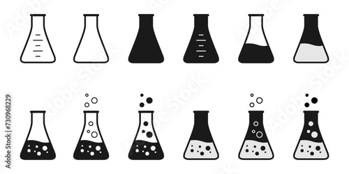 conical flask or erlenmeyer flask vector set. laboratory chemical glassware equipment. flat design illustration isolated on white background.