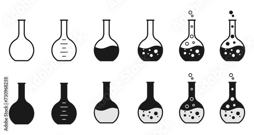 flat bottomed flask or boiling flask vector set. laboratory chemical glassware equipment. flat design illustration isolated on white background.