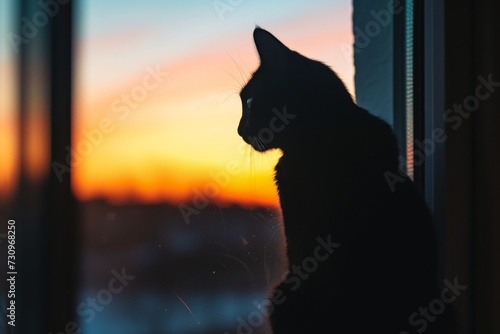 Silhouette of a cat watching the sunset from a window