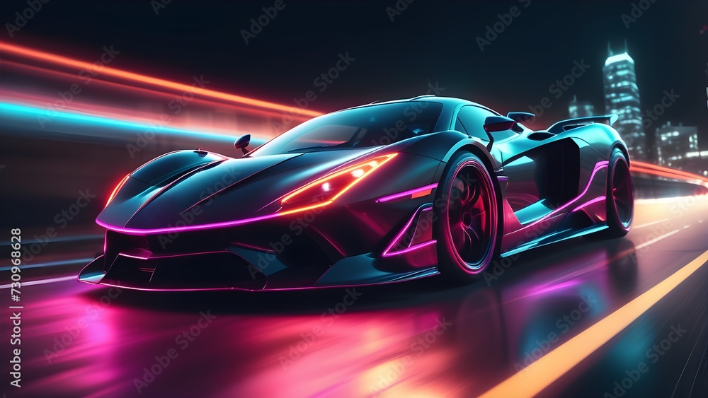 Futuristic super car in the city highway. Fast moving sports car. Car in motion. generative AI Futuristic super car in the city highway. Fast moving sports car. Car in motion. generative AI