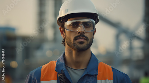 Portrait of engineer wearing a safety vest, protective goggles, blue coveralls, and a yellow hard hat in front of a petrochemical plant photo
