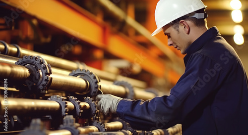 Male worker inspecting steel pipes in oil refinery.