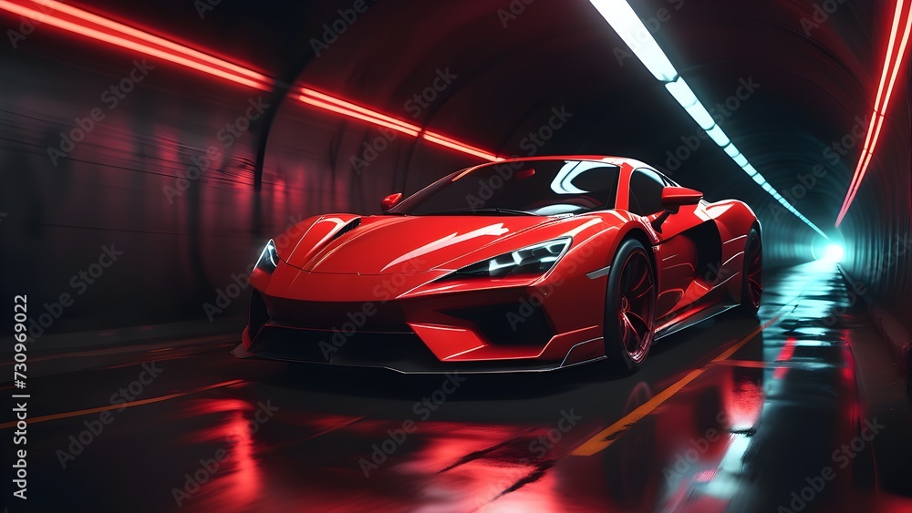 Sports car supercar fast driving in dark tunnel neon glowing lights. Colorful lights trails long exposure. Generative AI