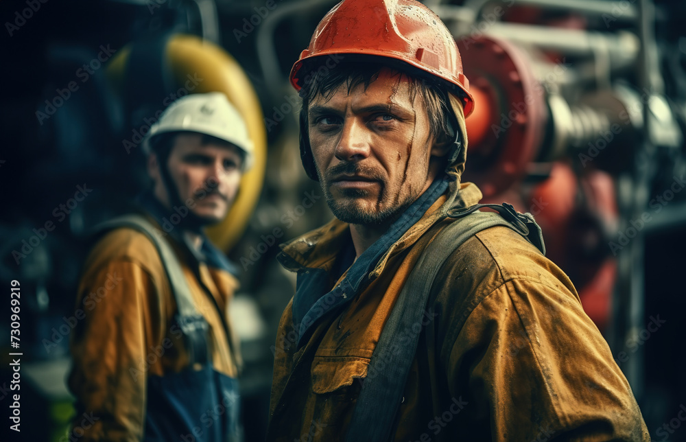 Oil industry workers at oilfield.