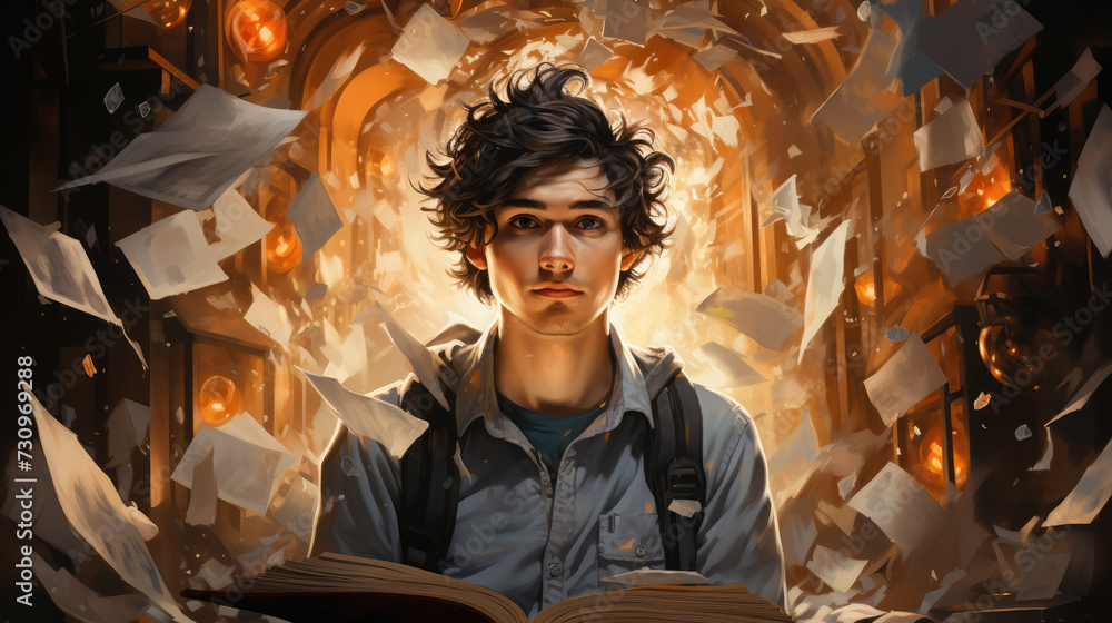16-9 большеSurreal illustration, a man is bombarded with a lot of information, books, websites, letters, wallpaper background, generative AI 16-9 большеSurreal illustration, a man is bombarded with a lot of information, books, websites, letters, wallpaper background, generative AI