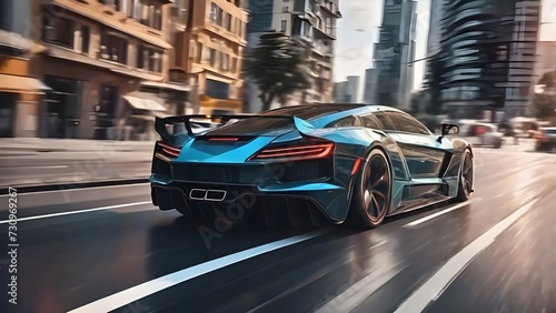 Futuristic super car in the city highway. Fast moving sports car. Car in motion. generative AI