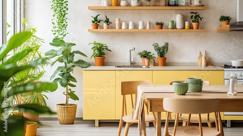 Trendy and bright kitchen with decor, wood table, and plants.