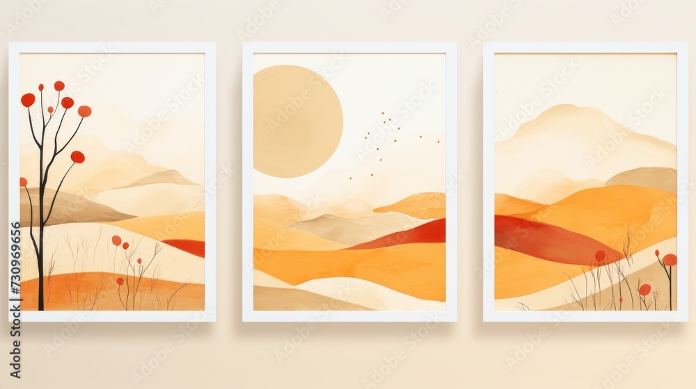 Mockup concept of Bohemian landscape artwork collection exhibited in picture frames on a wall, infusing minimalist charm into home decor. Generative AI.