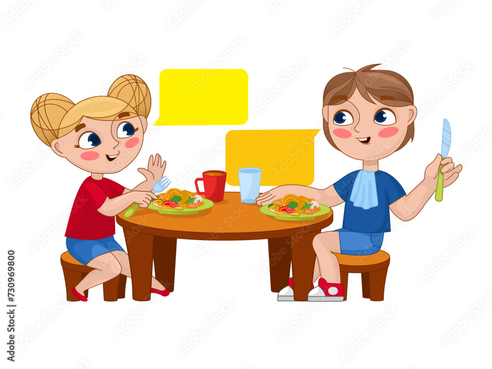 Children at a meal. A boy and a girl are eating .