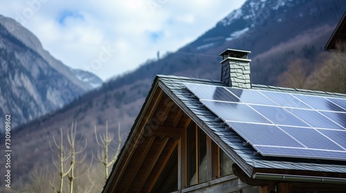 Solar panels on wooden house roof in natural nature environment
