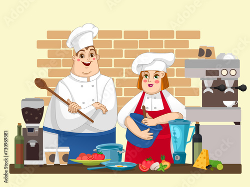 Cooking show. Two chefs in the kitchen preparing food. Fun cartoon characters. Work in the kitchen
