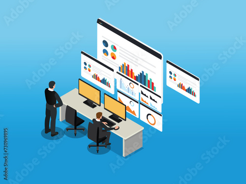 Businessman or data analysts working at desk analyzing data 3d isometric vector illustration