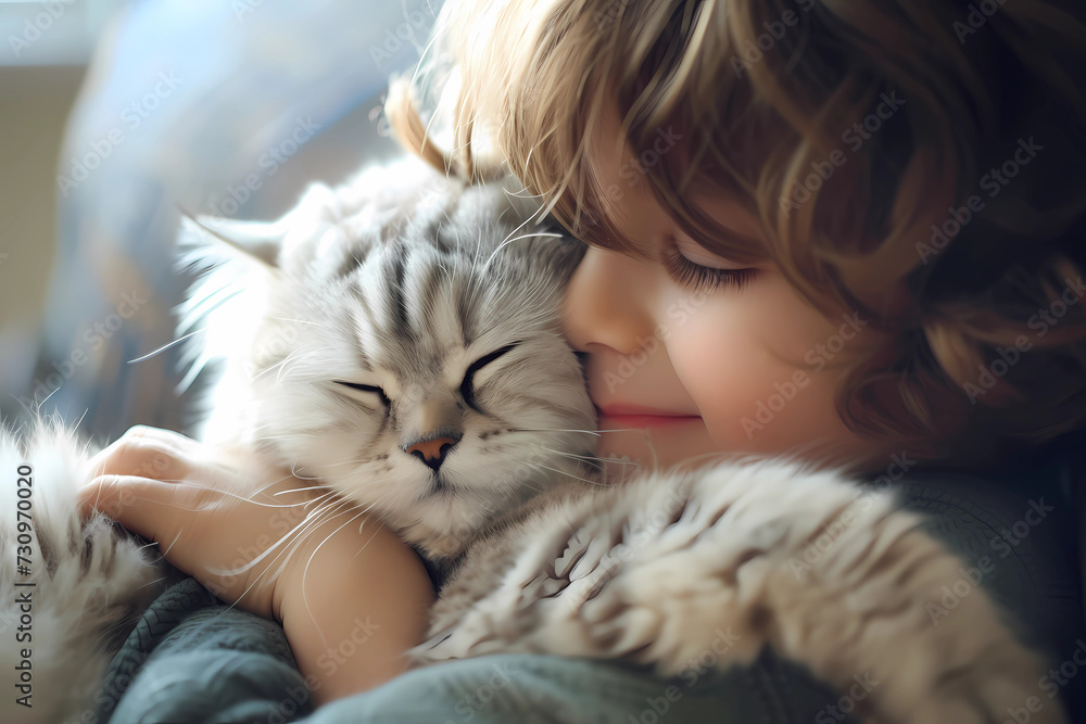 A young boy envelops himself in the comforting embrace of his beloved American Curl cat, their tender cuddle symbolizing a profound bond filled with companionship and unconditional love A young boy envelops himself in the comforting embrace of his beloved American Curl cat, their tender cuddle symbolizing a profound bond filled with companionship and unconditional love