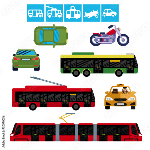 Urban modern transport. Tram  bus  trolleybus  taxi  car  motorcycle. Vector Illustration for children
