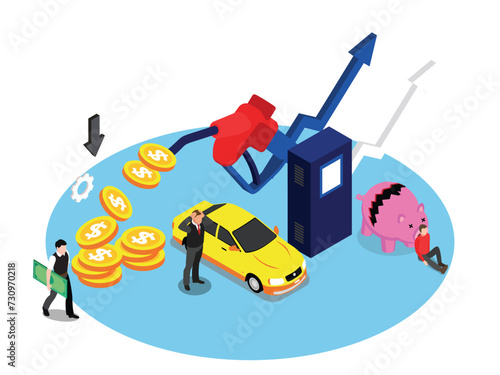 High price for car fuel concept. People wasting money for gasoline 3d isometric vector illustration
