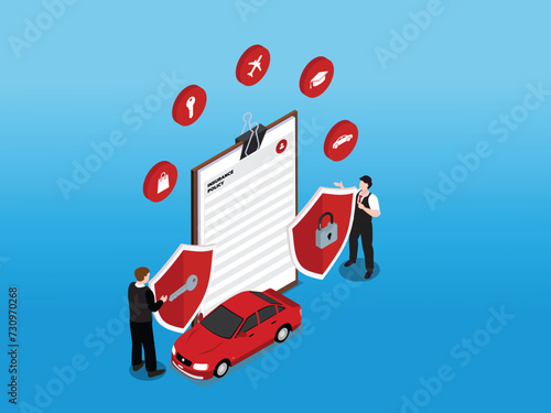 Insurance agent or salesman providing security document 3d isometric vector illustration