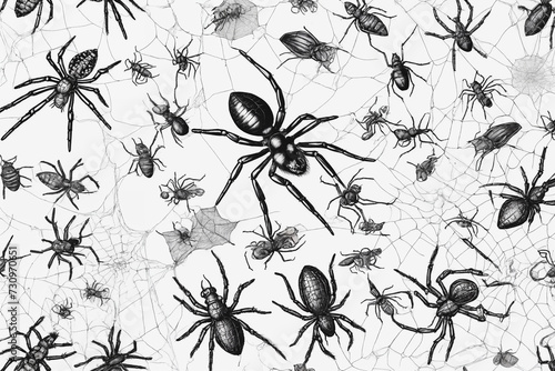 Hand drawn black and white illustration spyders and web. Generative Ai photo