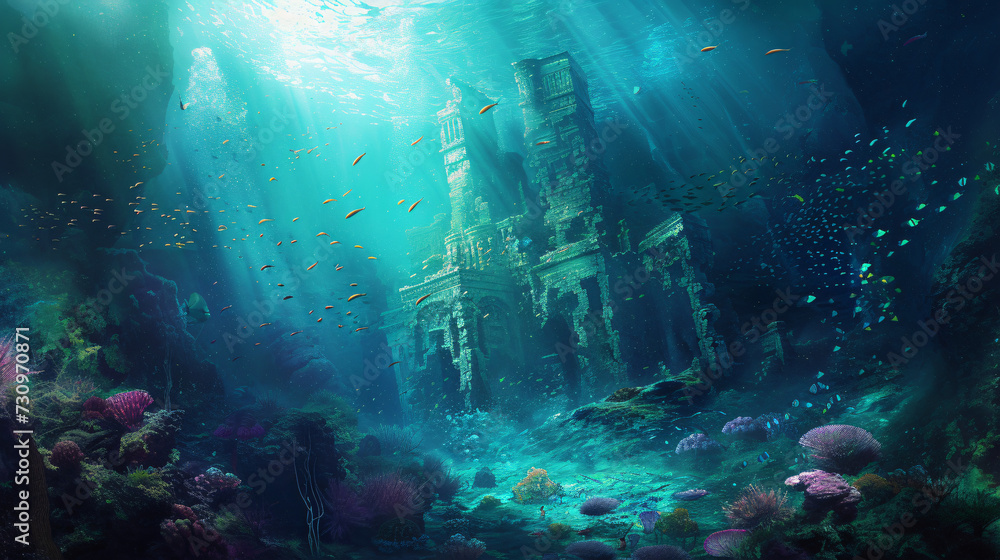 Fantasy underwater seascape with lost city. - obrazy, fototapety, plakaty 