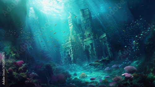 Fantasy underwater seascape with lost city.