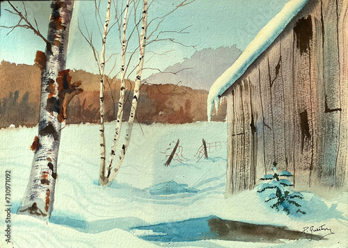 Watercolor barn and landscape artwork of rural country in winter