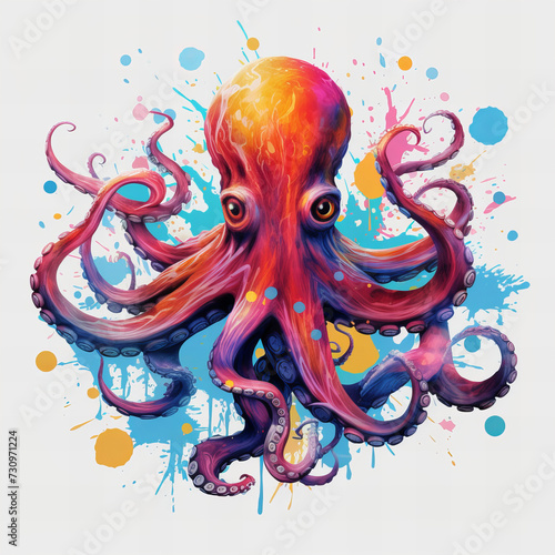 Vibrant Color Explosion  Artistic Octopus Illustration with Paint Splatters for Creative Design Use