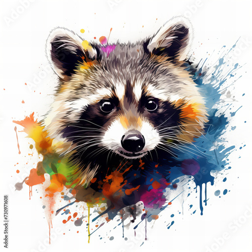 Vibrant Watercolor Artistic Raccoon Portrait with Color Splashes - Creative Wildlife Illustration for Modern Design Projects