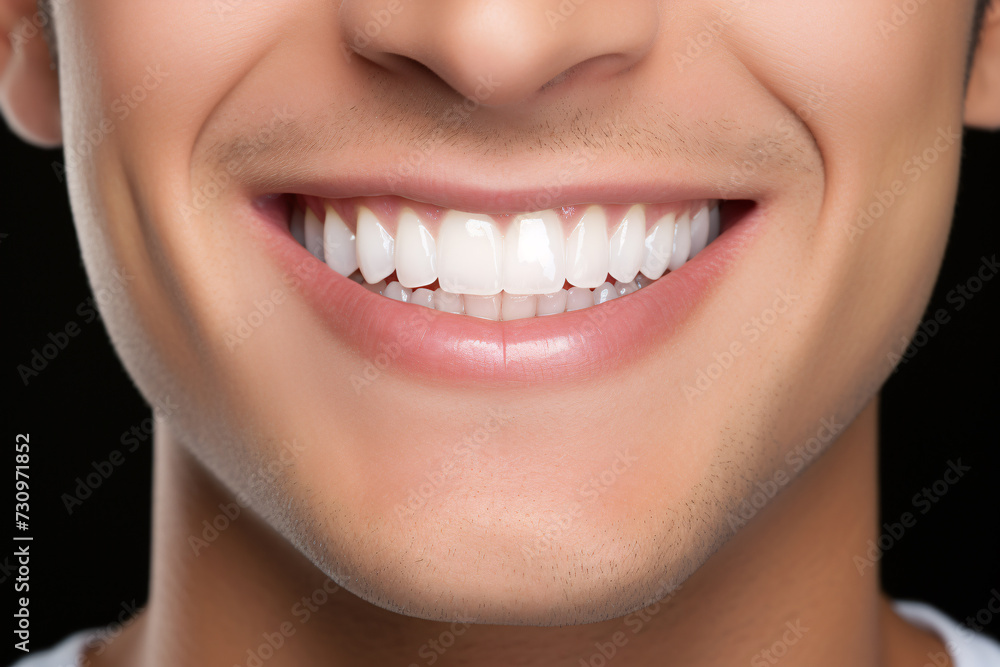 Close up of young man's smile with white straight teeth in front of black background Close up of young man's smile with white straight teeth in front of black background