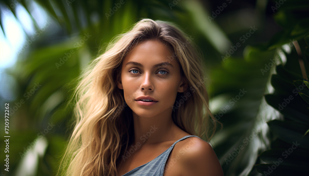 Portrait of young blond woman in jungle, skin care beauty, skincare cosmetics, natural make up, green leaf. Portrait of young blond woman in jungle, skin care beauty, skincare cosmetics, natural make up, green leaf.
