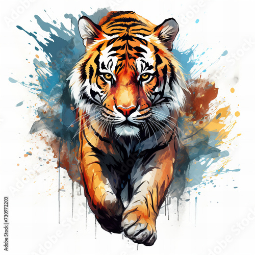 Vibrant Watercolor Illustration of Majestic Tiger in Motion on White Background for Artistic Design Use