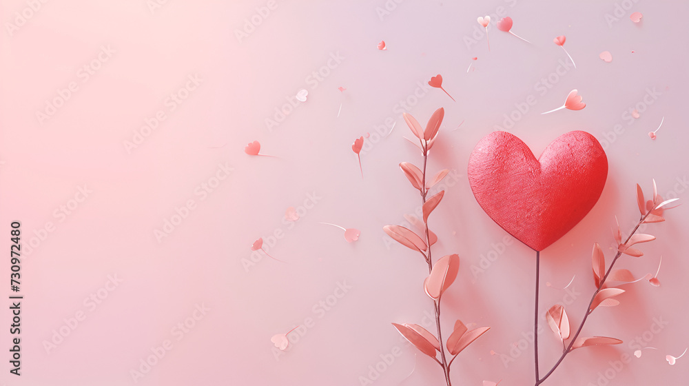 Valentine's day background with red heart on pink background. Decorative pattern for card, invitation, poster,  wedding or greeting. Copy space.