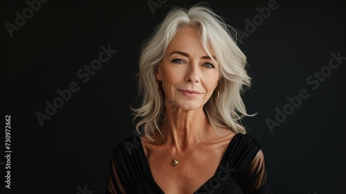 Photo of gorgeous mature old woman standing isolated over dark background wall looking camera with arms crossed.