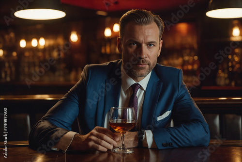 A attracrive man in an elegant expensive suit hold a glass of whiskey on blurred bar background. An unrecognizable man holds a glass with an expensive alcoholic drink. Generative Ai