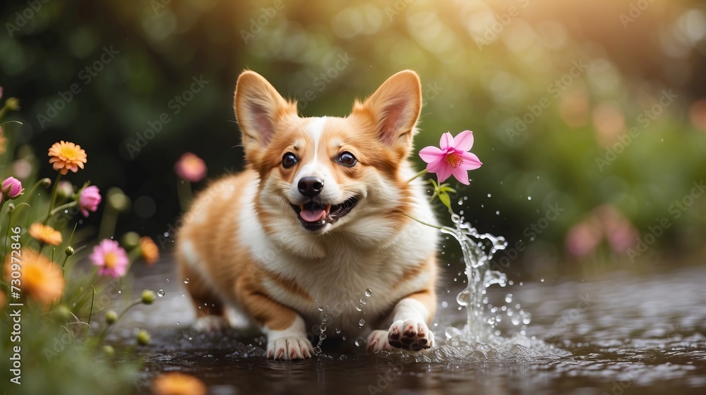 Corgi Dog Running on water stream Outdoors with flowers. beautiful nature with happy pet.