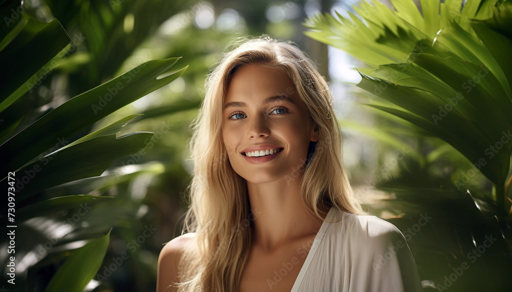 Portrait of young woman in jungle, skin care beauty, skincare cosmetics, natural make up, green leaf. Portrait of young woman in jungle, skin care beauty, skincare cosmetics, natural make up, green leaf.